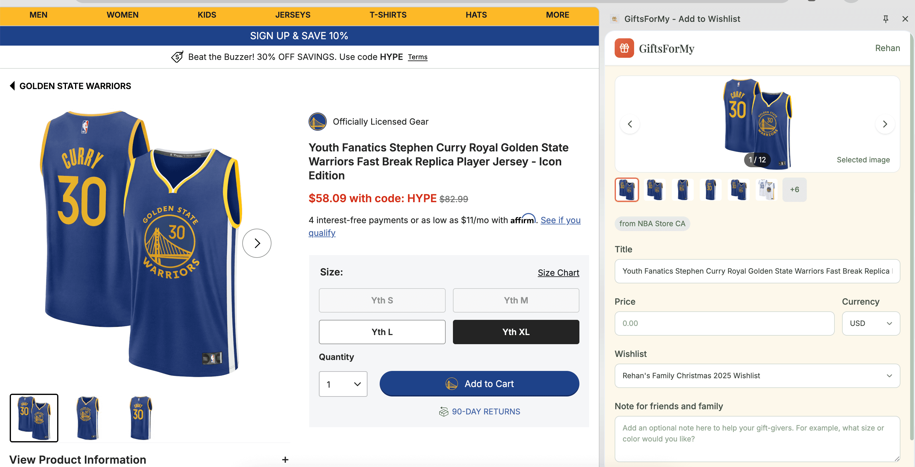 GiftsForMy Chrome Extension in action - adding a product to your wishlist
